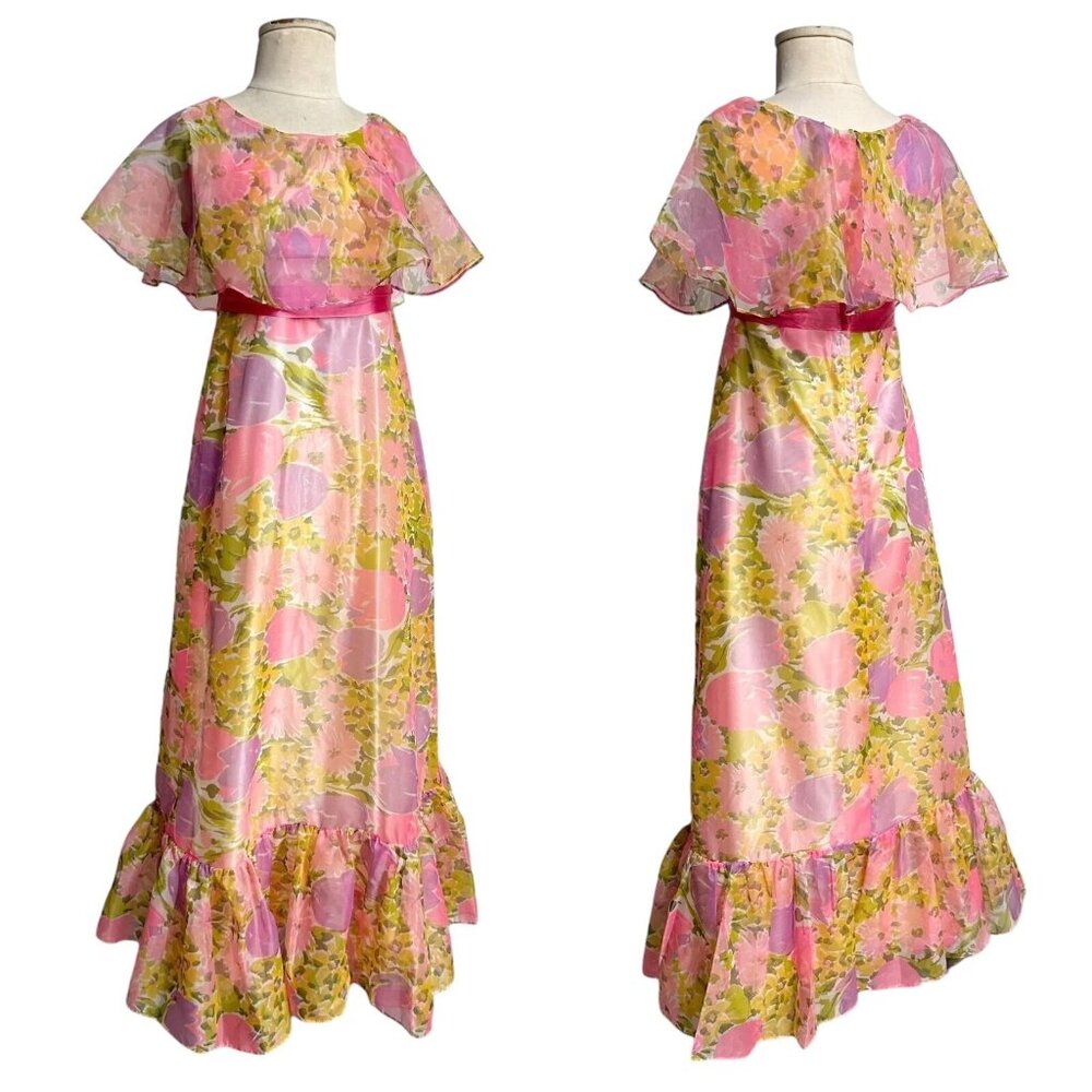 60s Vintage Floral Maxi Dress Ruffle Cape Sleeve A-Line Empire Waist Sheer.